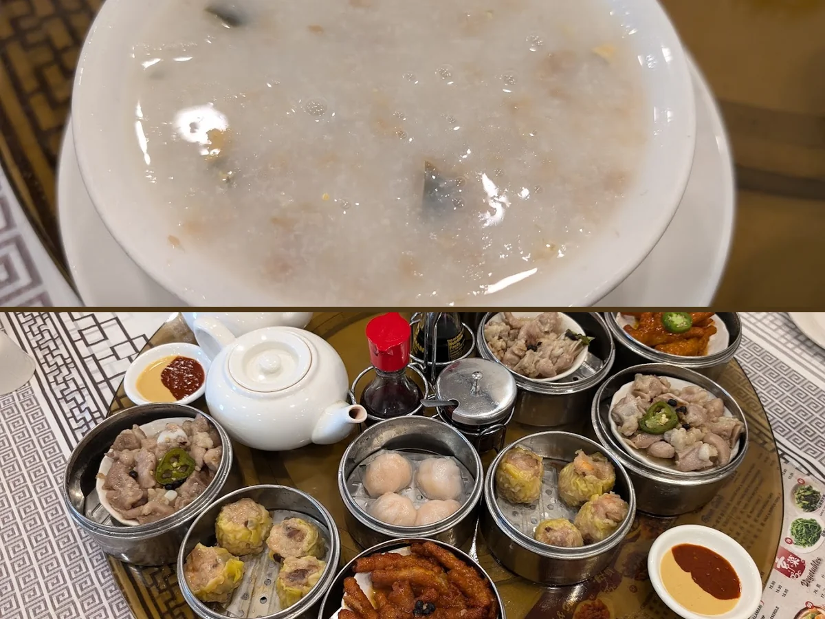 Seafood plates set beside tea cups.
